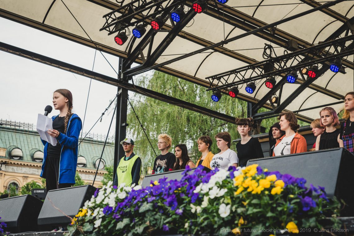 Greta Thunberg talar på klimatmanifestationen i Kungsträdgården 24 maj, foto: Jana Eriksson
